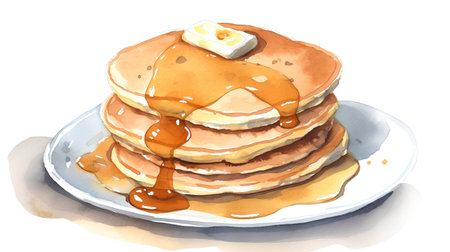Watercolor illustration of a stack of pancakes with maple syrup and butterの素材