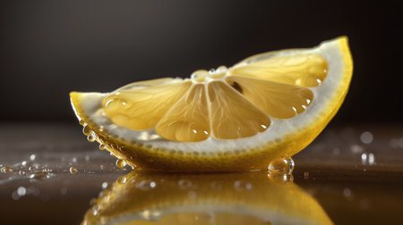 Lemon slice with water drops on a dark background close-upの素材