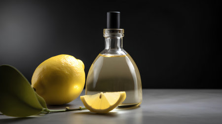 Lemon oil in a glass bottle with a lemon on a gray backgroundの素材