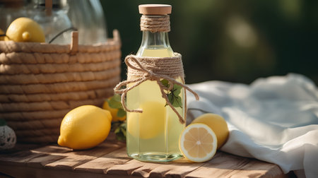 Homemade lemonade in a glass bottle with fresh lemons on a wooden backgroundの素材