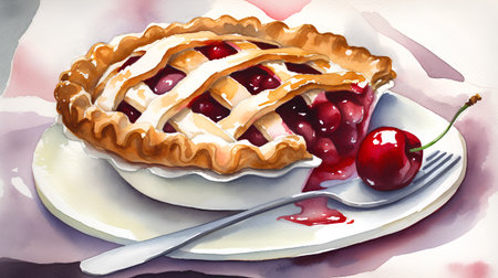 Watercolor illustration of a cherry pie with a fork and a spoonの素材
