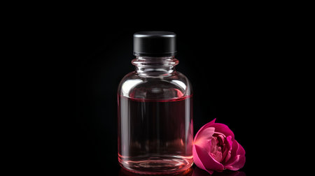 Glass bottle of essential oil with a pink rose on a black backgroundの素材