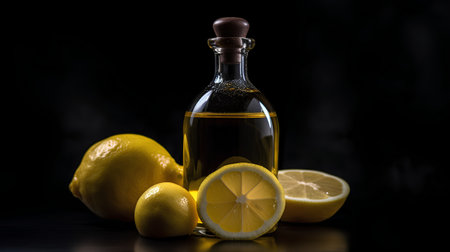 Bottle of lemon oil with lemon slices on a black background.の素材