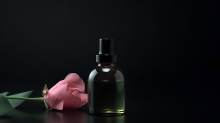 Bottle of rose essential oil on black background. 3d illustrationの素材