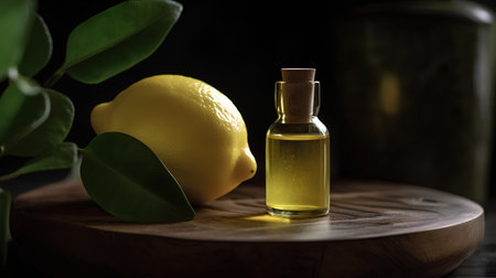 Lemon essential oil in a small bottle with fresh lemons on a dark backgroundの素材