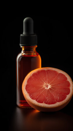 Grapefruit essential oil in a glass bottle on a black background.の素材
