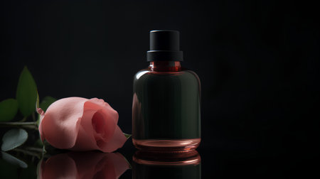 bottle of perfume with rose on a black background with reflection.の素材