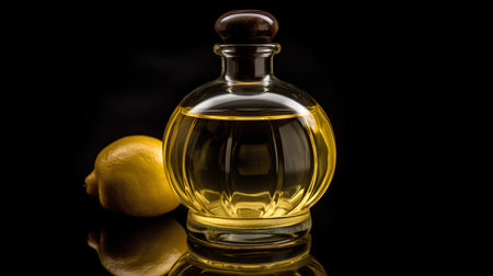 Glass bottle of olive oil with lemon on a black background with reflectionの素材