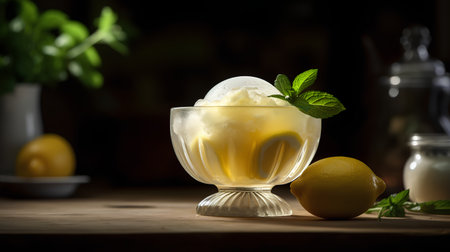 Ice cream with lemon and mint in a glass on a wooden tableの素材