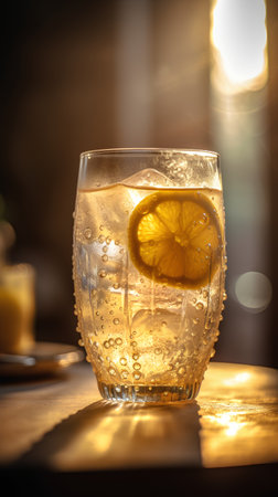 Cocktail with lemon in a glass on a dark background.の素材
