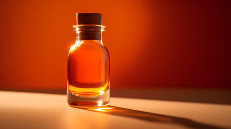A bottle of maple syrup on a table with a bright orange backgroundの素材