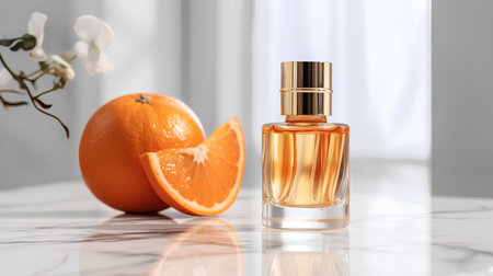 Bottle of perfume with orange on white marble table, closeupの素材
