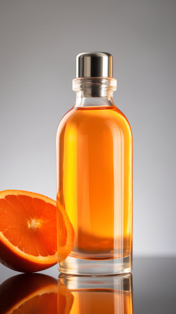 Bottle of orange essential oil on a gray background with reflection.の素材