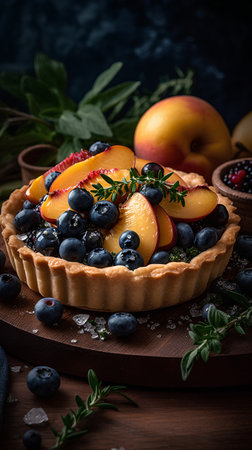 Delicious fruit tart with peaches, blueberries and strawberries.の素材