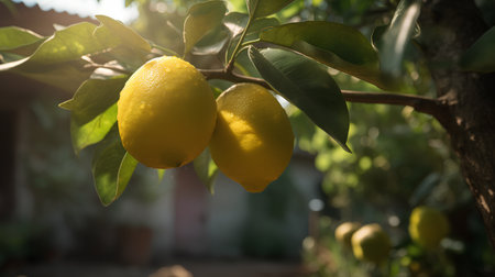 Lemons growing on lemon tree in the garden. Selective focus.の素材