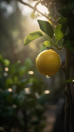Lemon on tree branch with water drop, vintage color tone.の素材