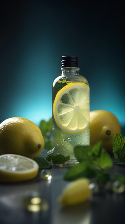 Glass bottle of lemonade with lemon, mint and ice cubes on dark backgroundの素材