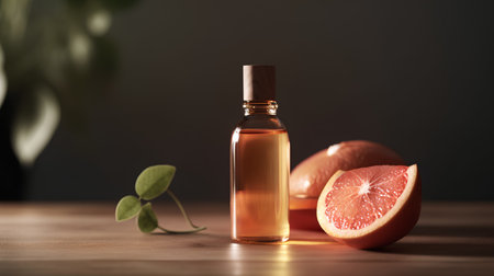 Grapefruit essential oil in a glass bottle on a wooden tableの素材