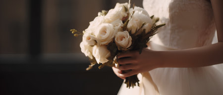 Wedding bouquet of white roses in the hands of the brideの素材