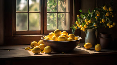 Lemons in a bowl on the windowsill. Toned.の素材
