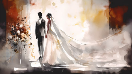 Beautiful bride and groom on abstract watercolor background. Wedding couple.の素材
