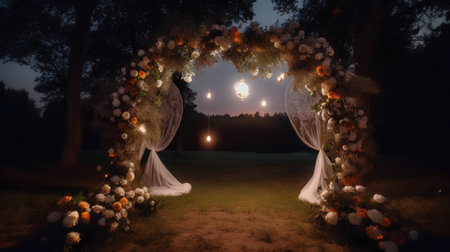 Wedding arch decorated with flowers in the forest at night.の素材