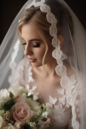 Portrait of beautiful blonde bride with makeup and hairstyle. Studio shot.の素材