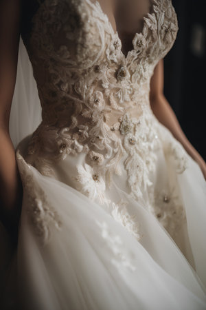 Beautiful wedding dress with lace details. Close-up photo.の素材