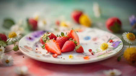 Strawberry on a plate and daisies on the tableの素材