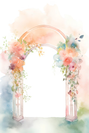 Watercolor floral arch on watercolor background. Hand drawn illustration.の素材