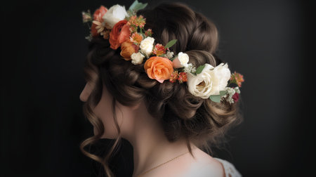 Wedding hairstyle with flowers in the hair of the brideの素材