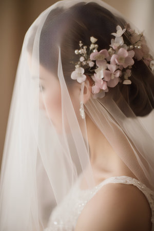 Beautiful bride in white wedding dress with flowers in her hair.の素材