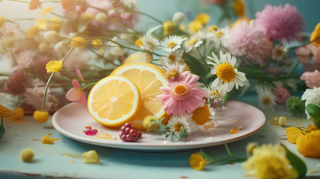 Lemon with daisies and wildflowers on a blue backgroundの素材