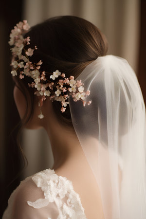 Portrait of beautiful bride with flowers in her hair. Wedding morning.の素材