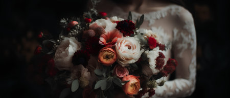 Wedding bouquet of different flowers in the hands of the brideの素材