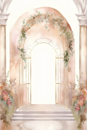 Wedding arch with flowers and archway. Watercolor illustrationの素材