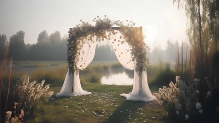 wedding arch with flowers on the lake in the morning mistの素材