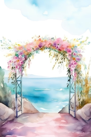 Watercolor illustration of a wedding arch with flowers on the shore.の素材