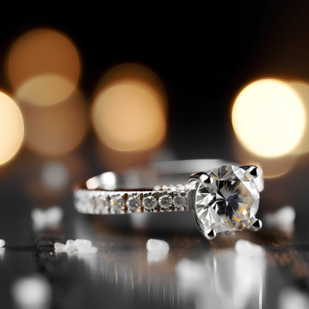 Jewelry ring with diamond on dark background with bokehの素材