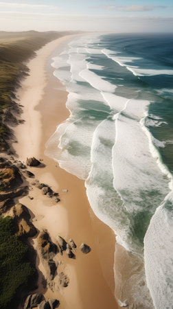 Aerial view of beautiful sandy beach and waves crashing on the shore.の素材