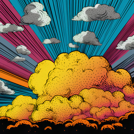 Comic background with clouds and rays. Pop art vector illustration.の素材