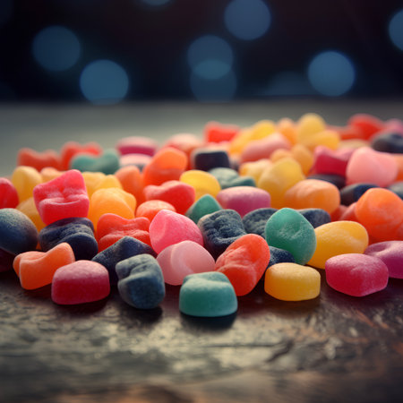 Colorful gummy candies on wooden table. Selective focusの素材
