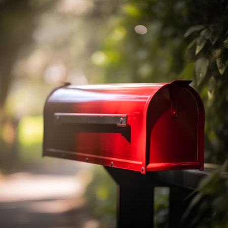 Red mailbox in the garden. Selective focus and shallow depth of field.の素材