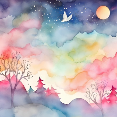 Watercolor winter landscape with trees, moon and stars. Hand drawn illustrationの素材
