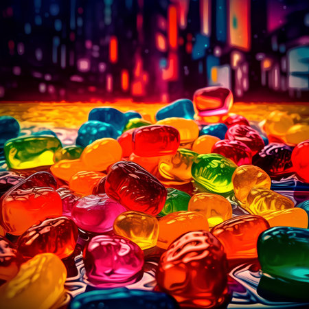 Colorful candies in the shape of hearts on a dark background.の素材
