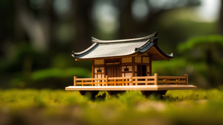 Miniature wooden house in the forest with bokeh background.の素材