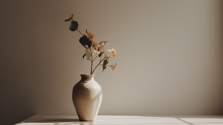 Vase with dried flowers on a beige wall background. 3d renderの素材