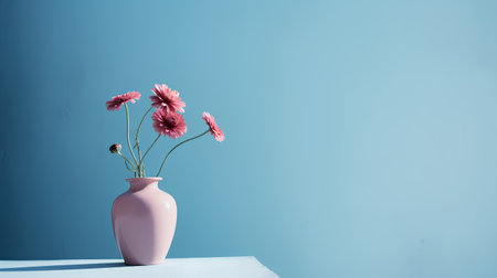 Pink gerbera flowers in vase on blue background with copy spaceの素材