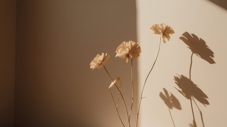 Minimalistic still life with dry flowers on a brown background.の素材