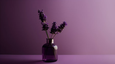 Lavender flowers in a glass vase on a purple backgroundの素材